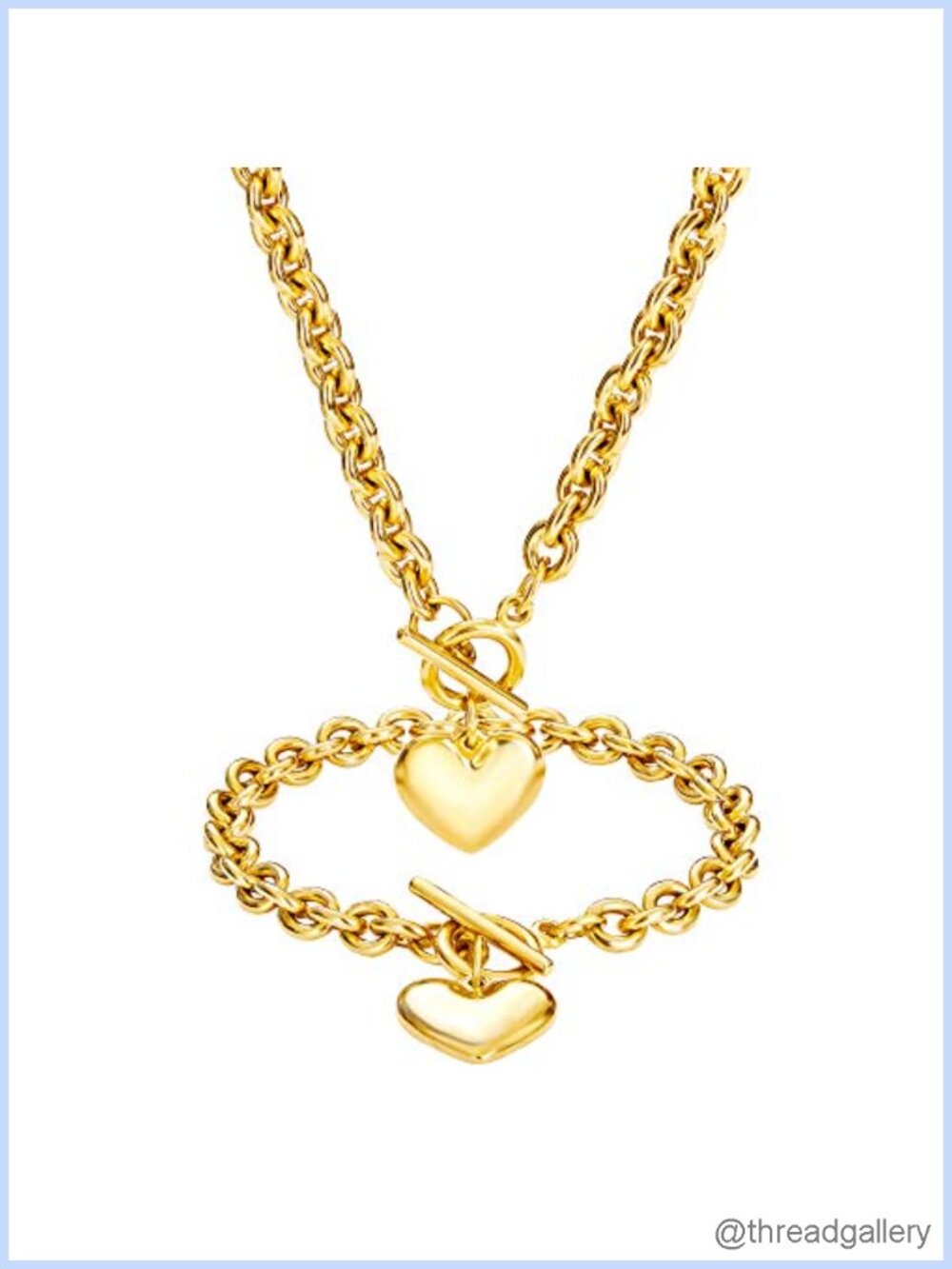 18K Gold Plated Stainless Steel Heart Necklace & Bracelet Set for Women